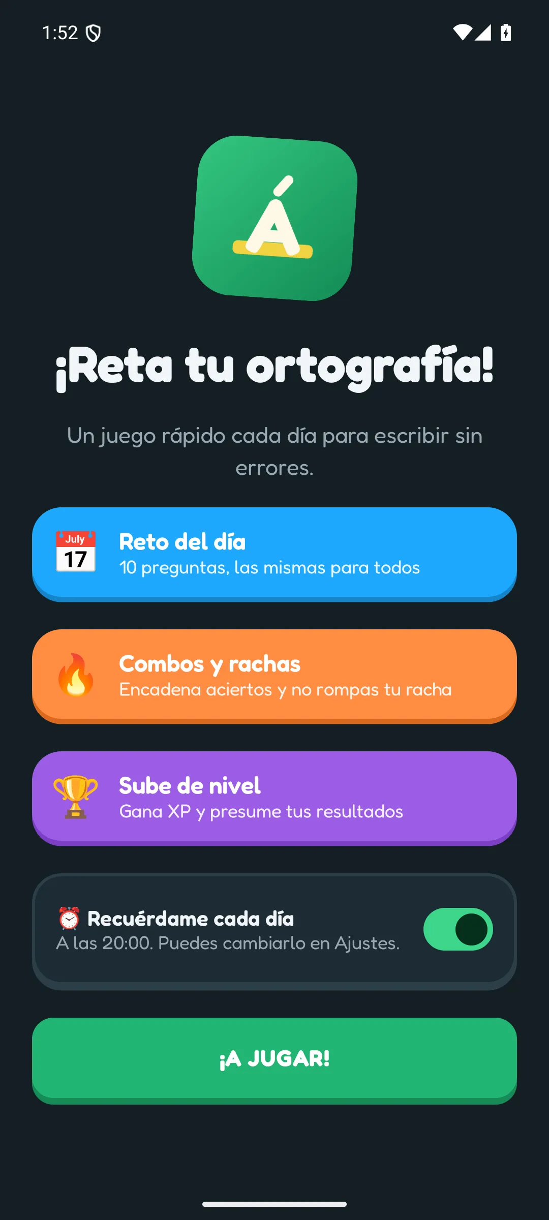 Bienvenida del juego de ortografía con reto diario