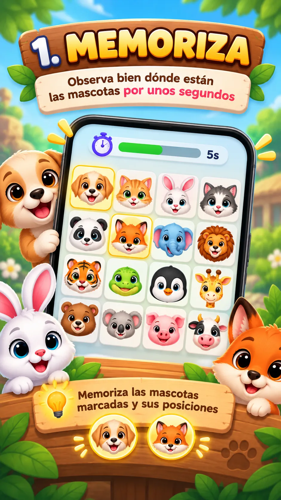 Tablero del juego de memoria con mascotas kawaii para memorizar