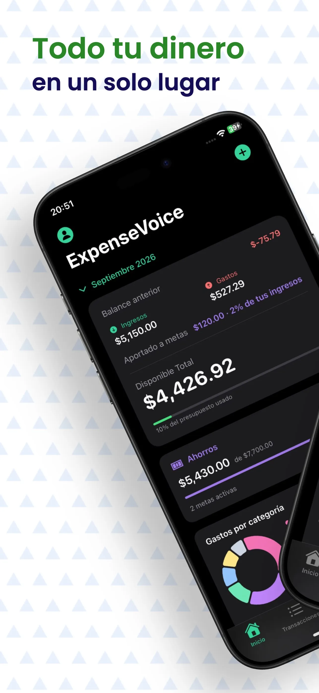 Panel de Expense Voice con balance, ingresos, gastos y ahorros del mes