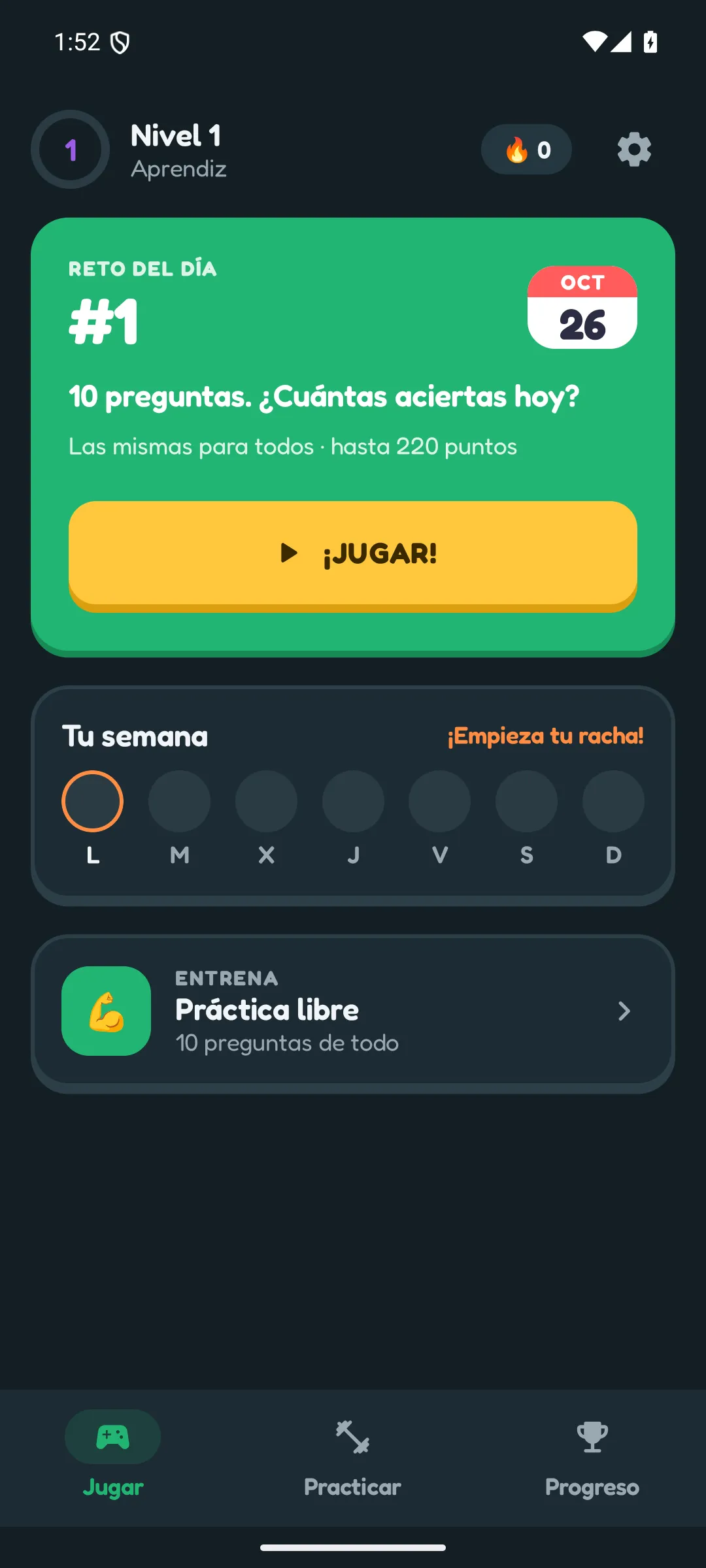 Inicio con reto del día, racha y nivel