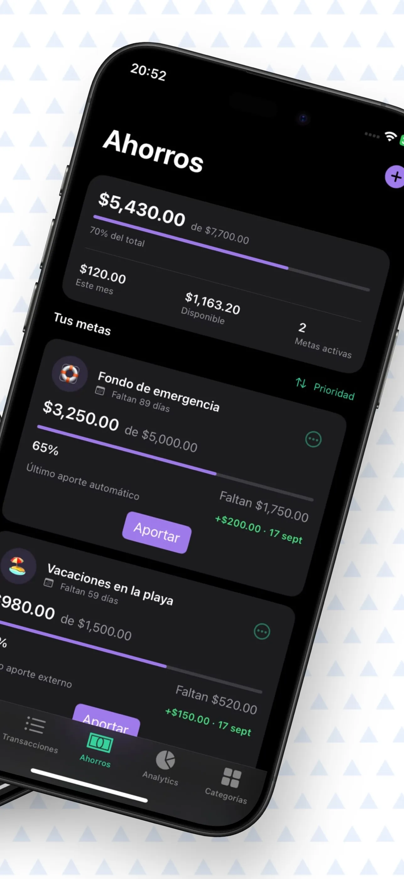 Metas de ahorro con progreso y aportes