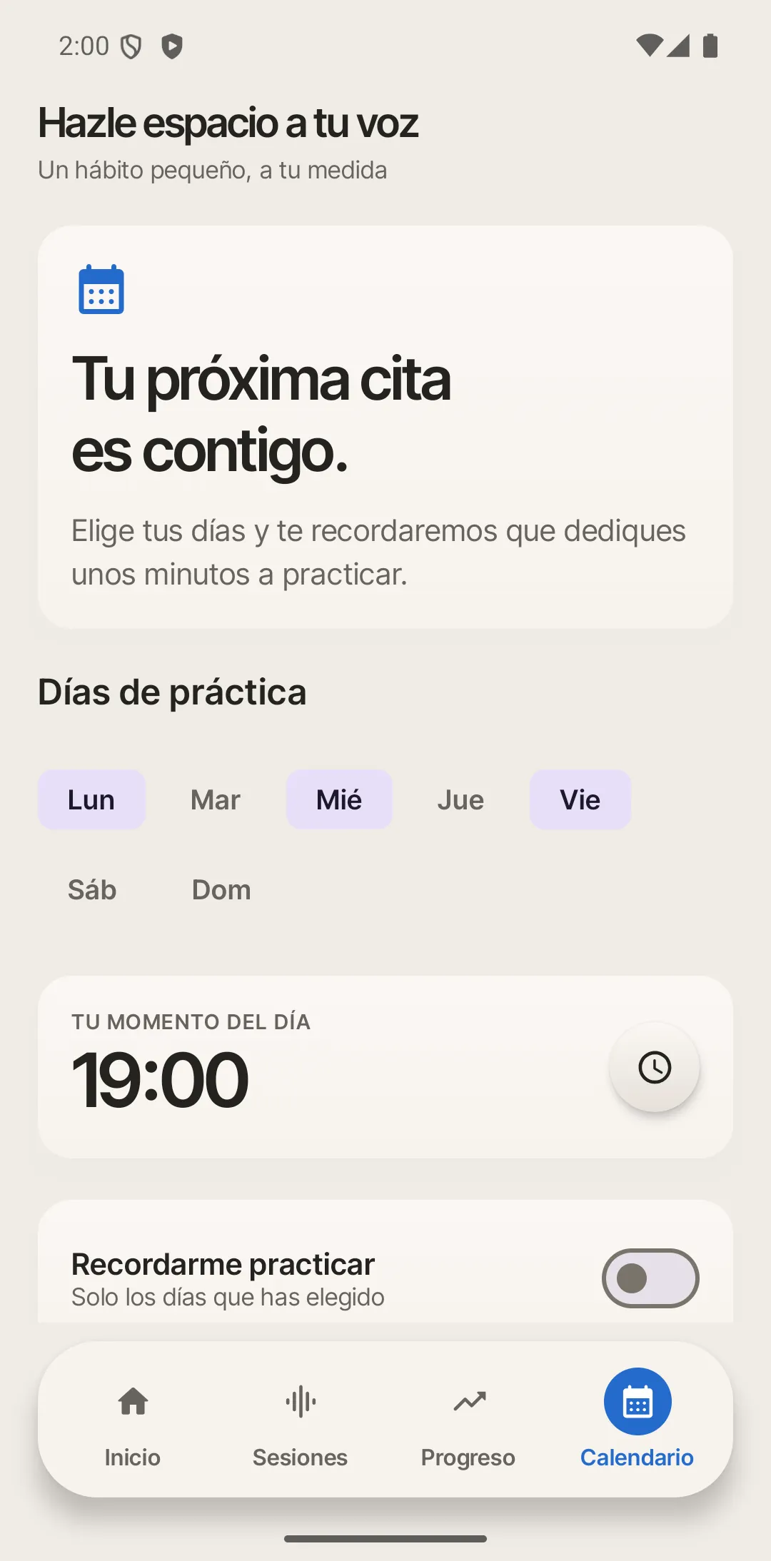 Calendario semanal de práctica y recordatorios