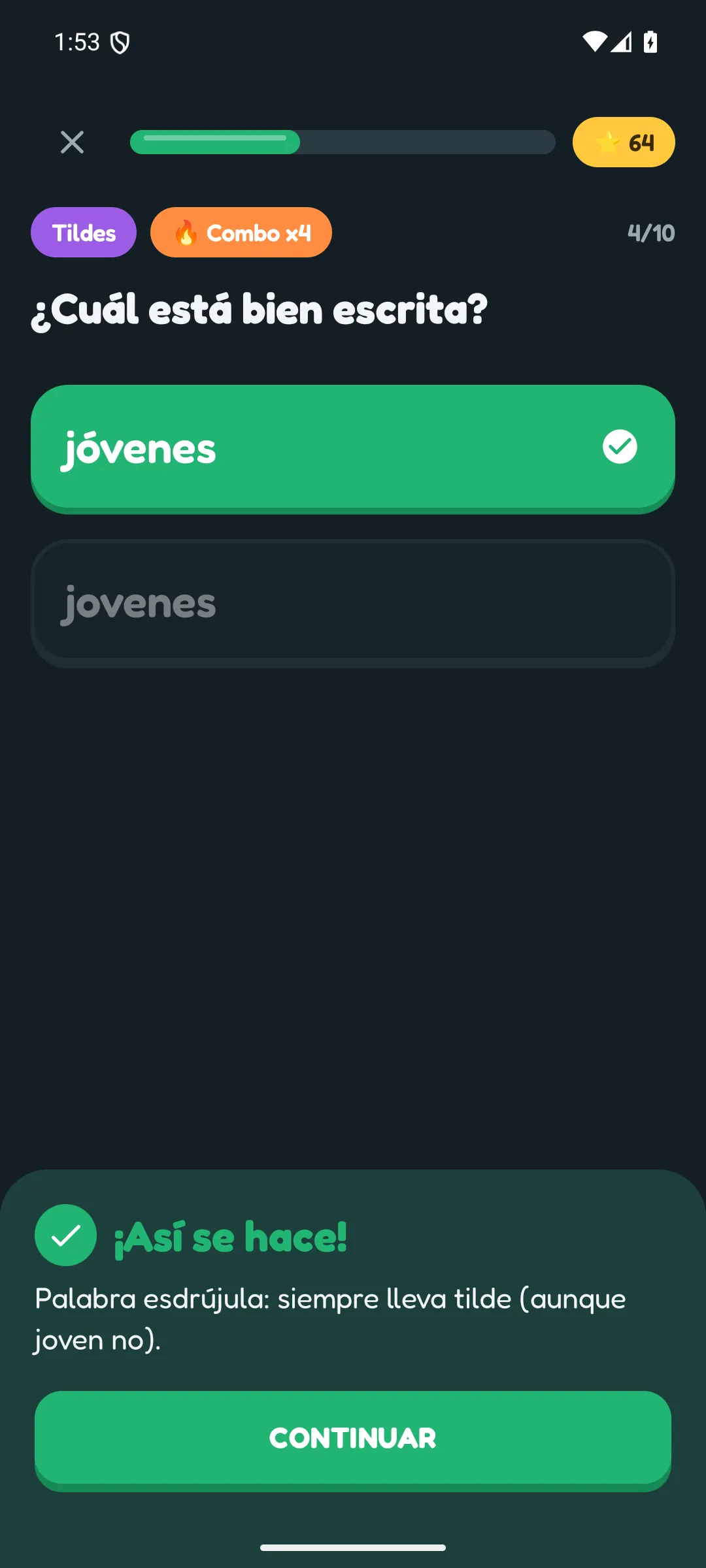 Pregunta de ortografía con combo de aciertos