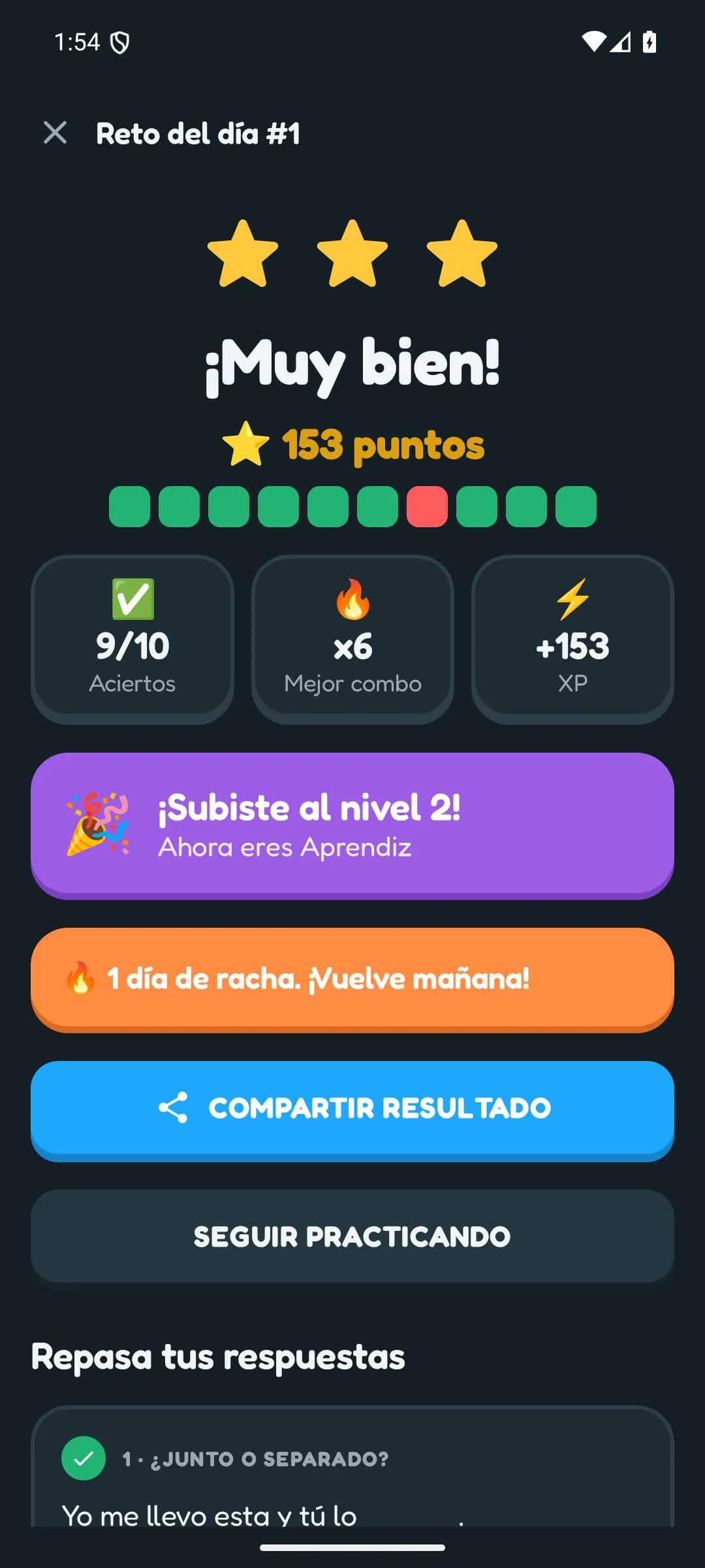 Resultado de la ronda y subida de nivel