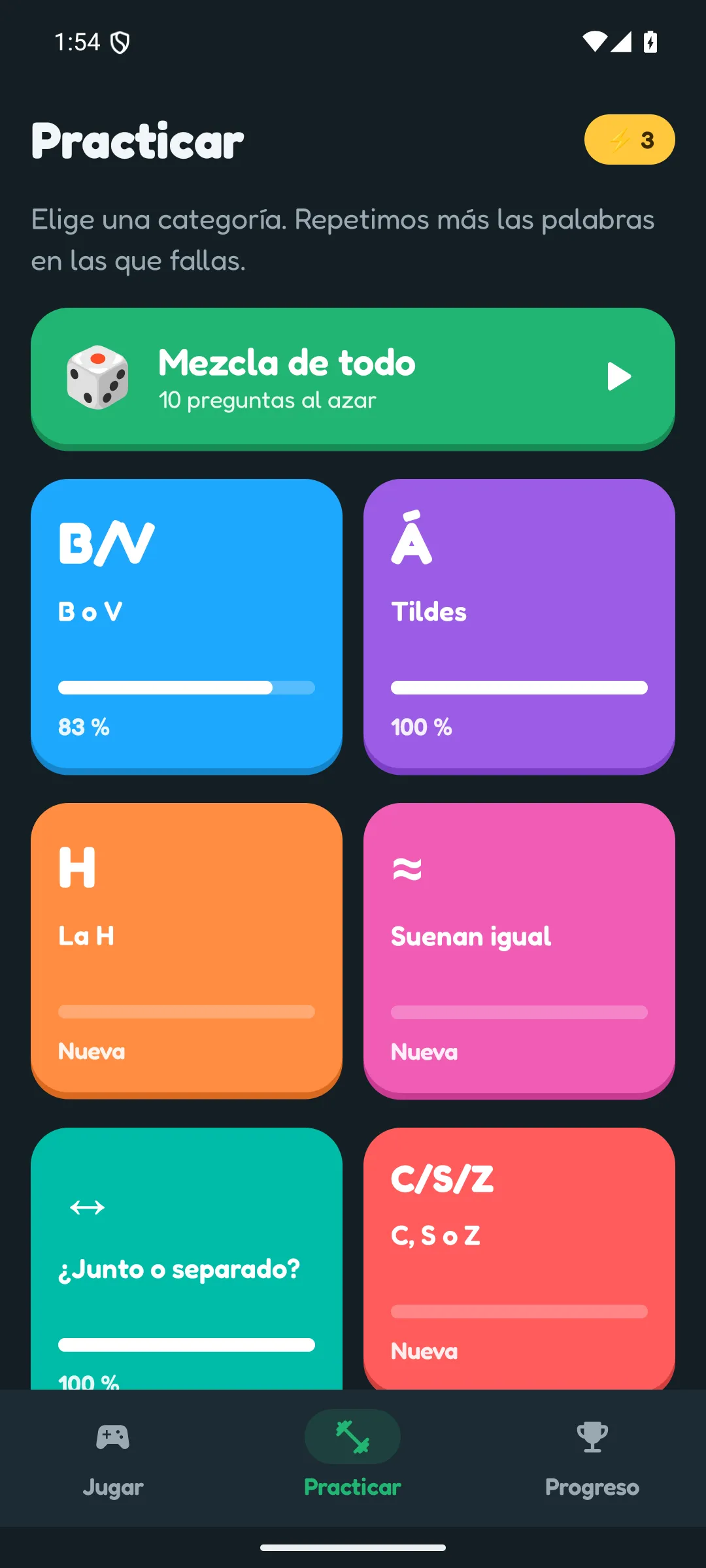 Práctica por categorías: B/V, tildes, H y más