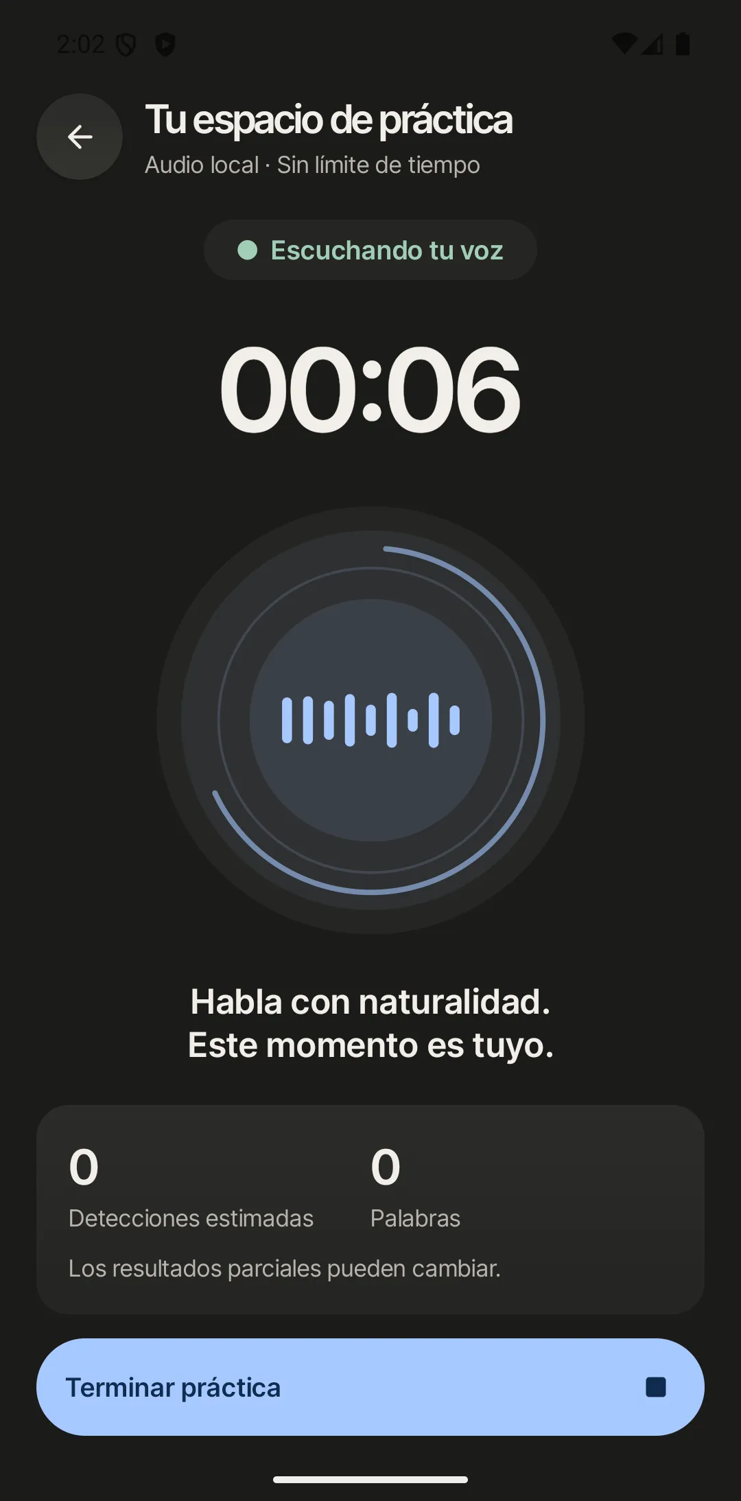 Práctica en vivo detectando muletillas mientras hablas