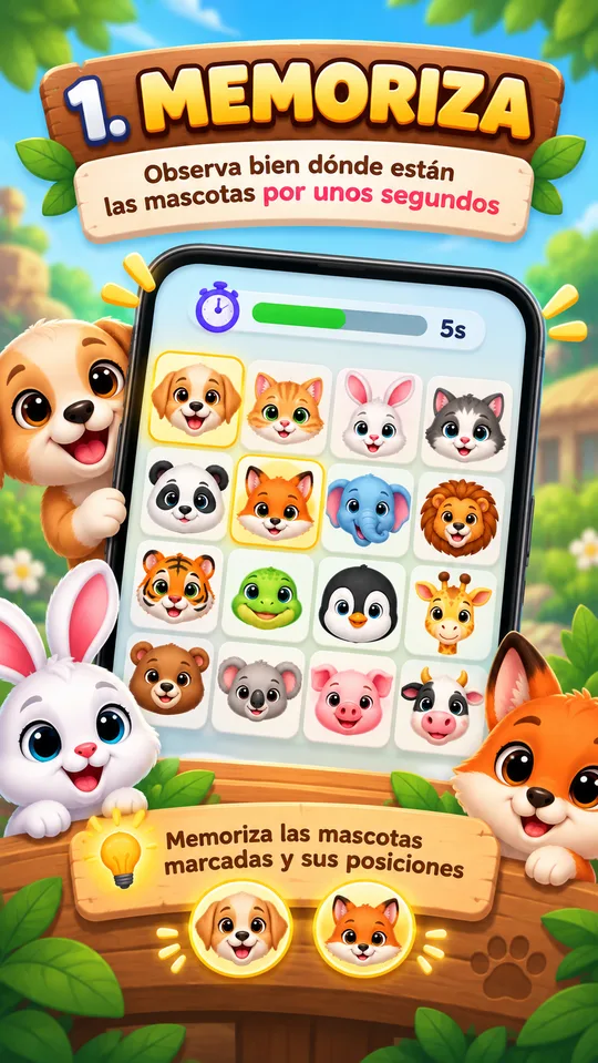 Tablero de mascotas para memorizar con un perrito y un zorro marcados